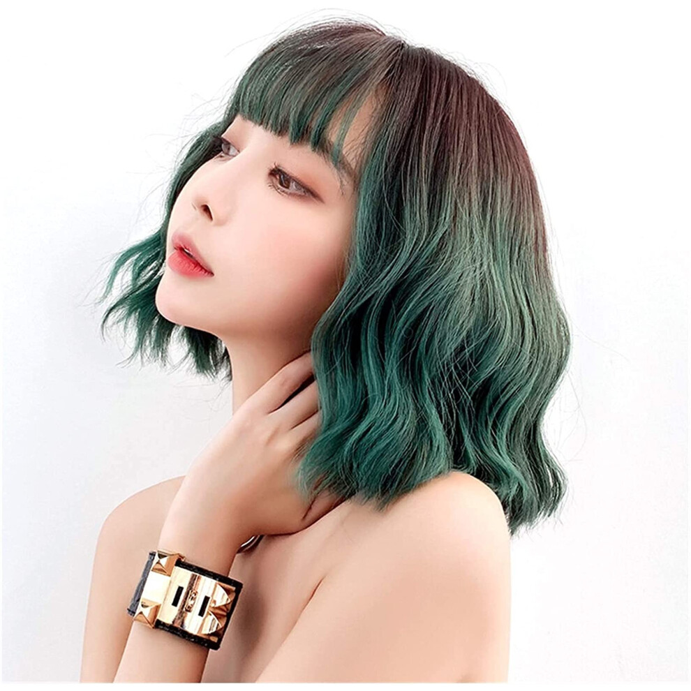 Unisex Green Synthetic Wig With Natural Look, Gradient Wavy Hair, Adjustable Cap For Women Cosplay Party