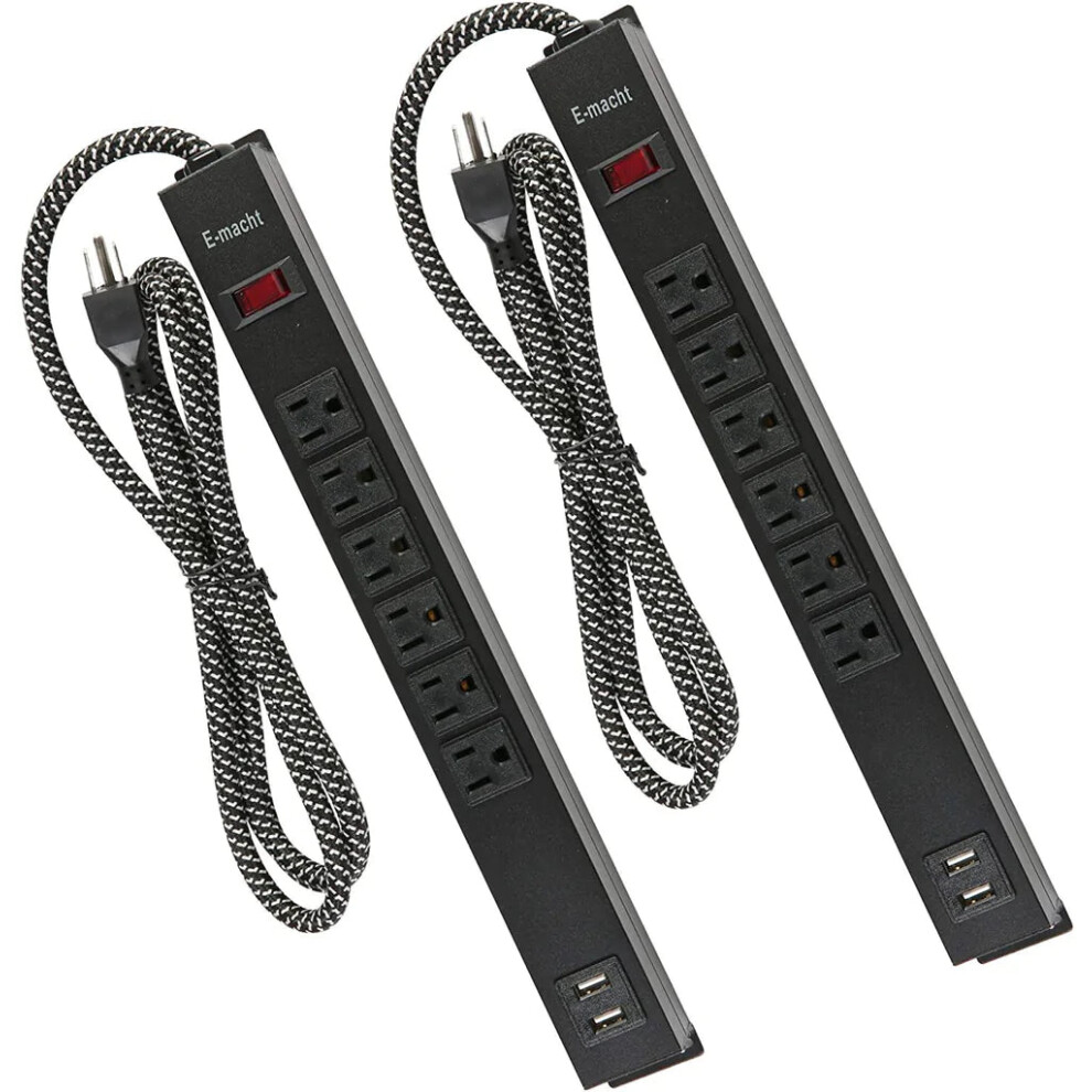 2 Pack Long Power Strip Surge Protector, 6 Metal Power Outlets 2 Usb Ports, 6 Ft Long Extension Cord 9773935018310