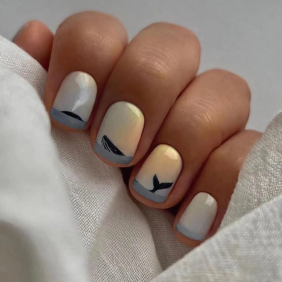 Short Square Press on Nails White French Tip Fake Nails with Whale Accent Easy Glue Full Cover 24pcs