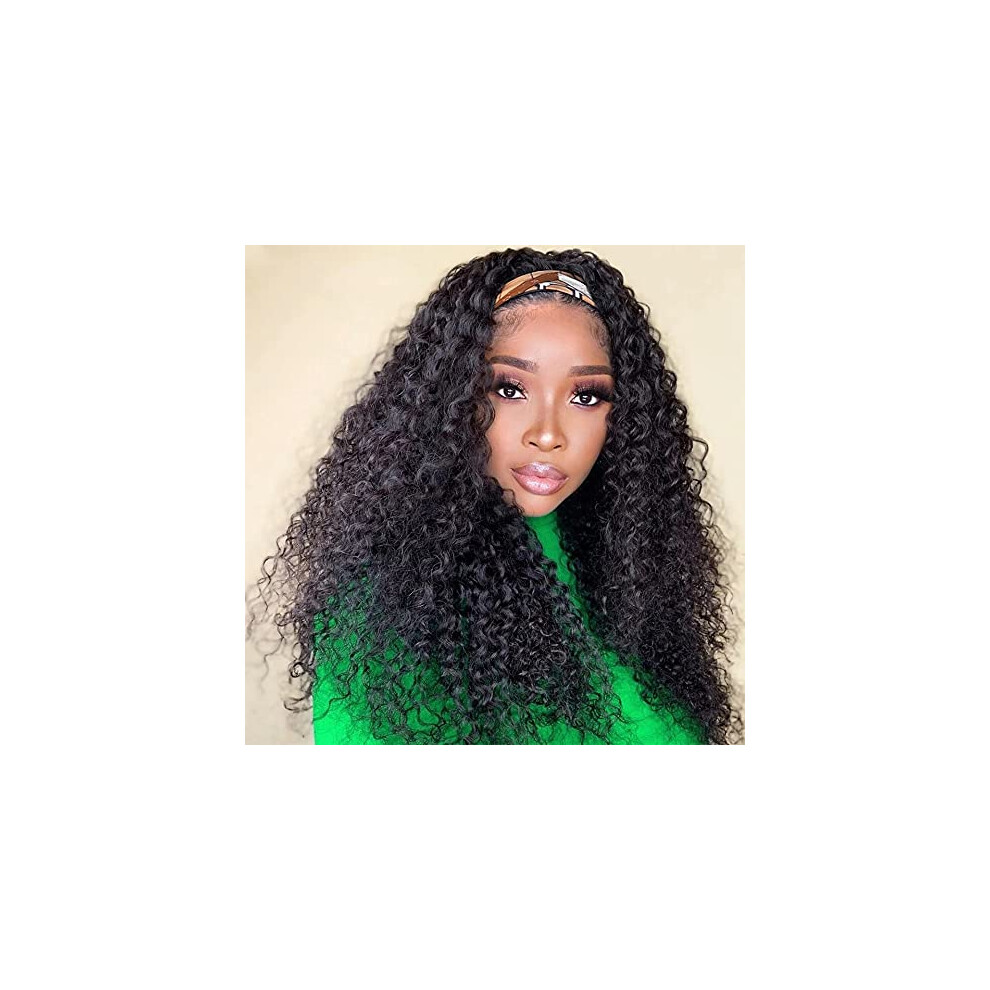 Unisex Black Headband Wig Human Hair Deep Wave Glueless 150 Density 20 Inch Curly Wig For Women