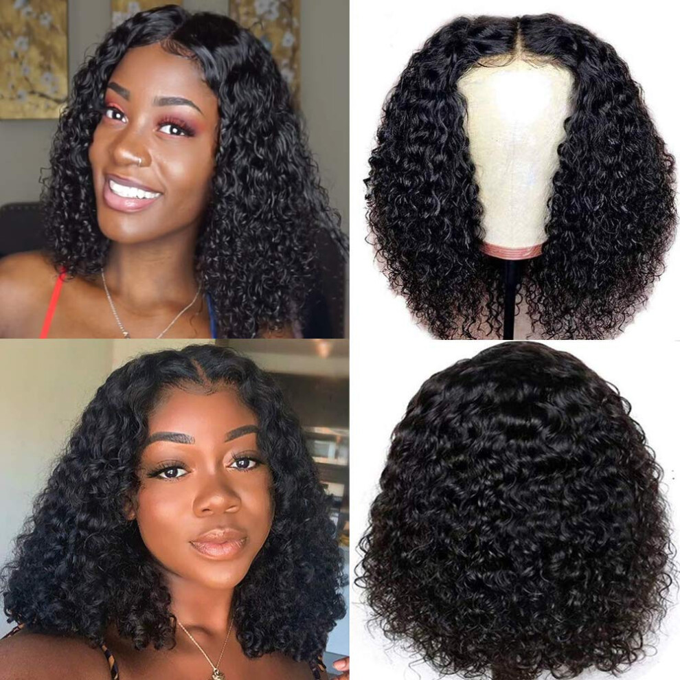 Unisex 14 Inch Brazilian Virgin Human Hair Curly Bob Wig Pre Plucked Lace Front Natural Hairline