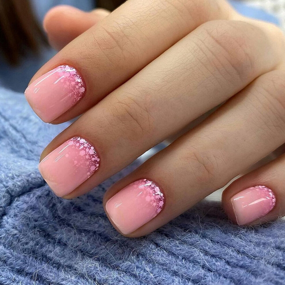 Pink Glitter Press On Nails Square Extra Short Fake Nails with Bling Designs Reusable 24PCS