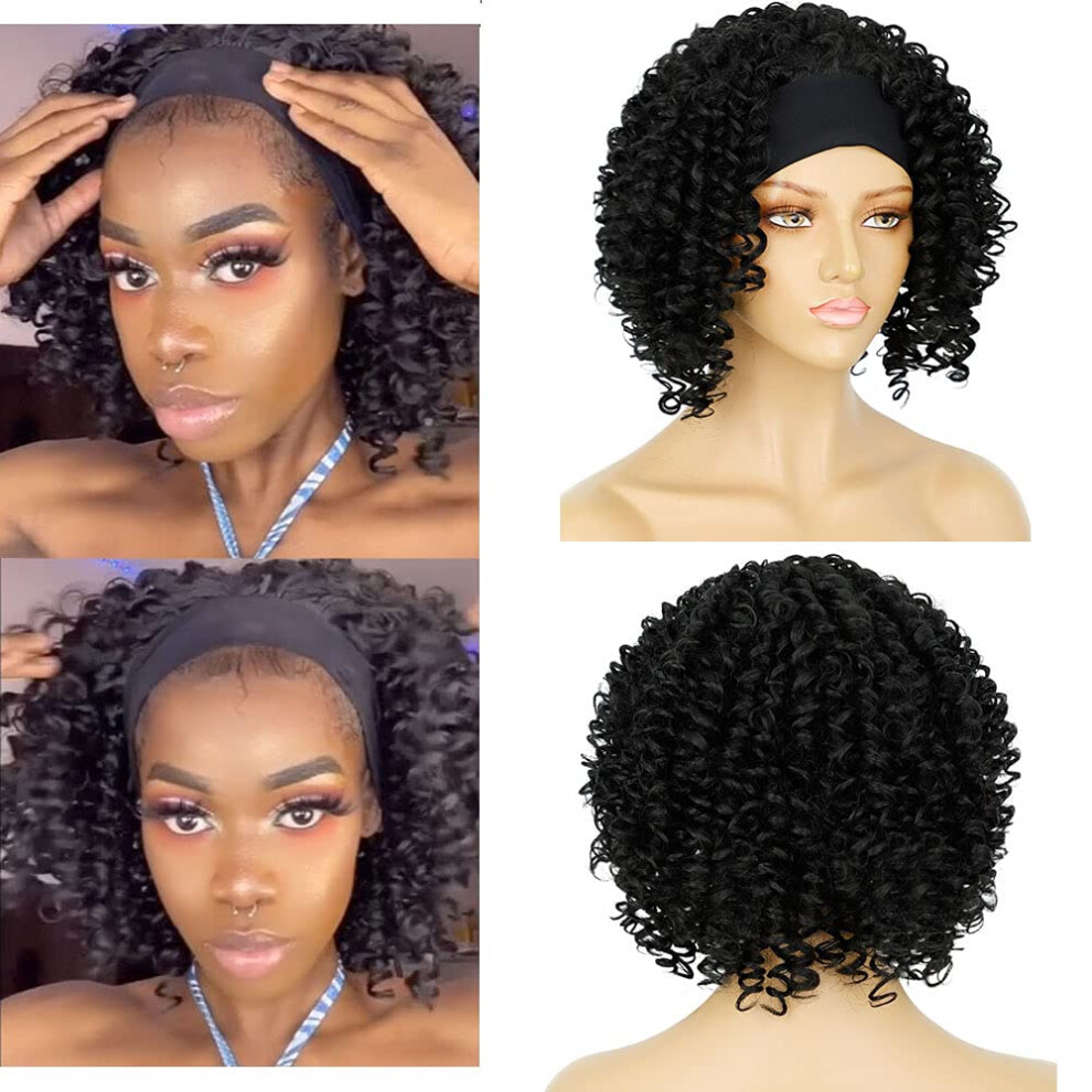 Unisex Black Headband Wig Afro Curly Synthetic Glueless No Lace Front For Women Natural Hairline