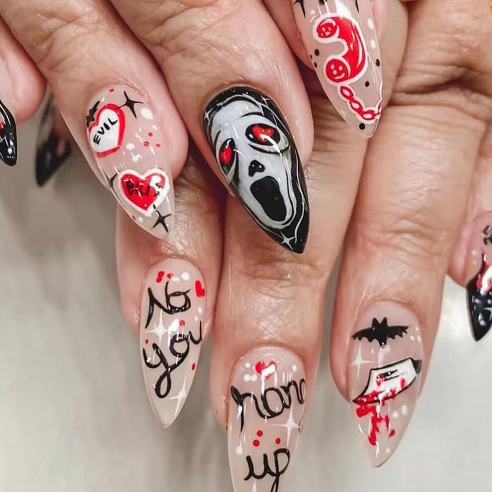 Halloween Ghost Press on Nails with Glue, Square Acrylic Fake Nails for Women, Reusable Design