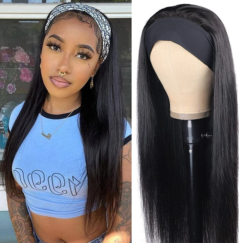 24 Inch Kinky Straight Headband Wig Human Hair for Black Women 180 Density Natural Color No Glue