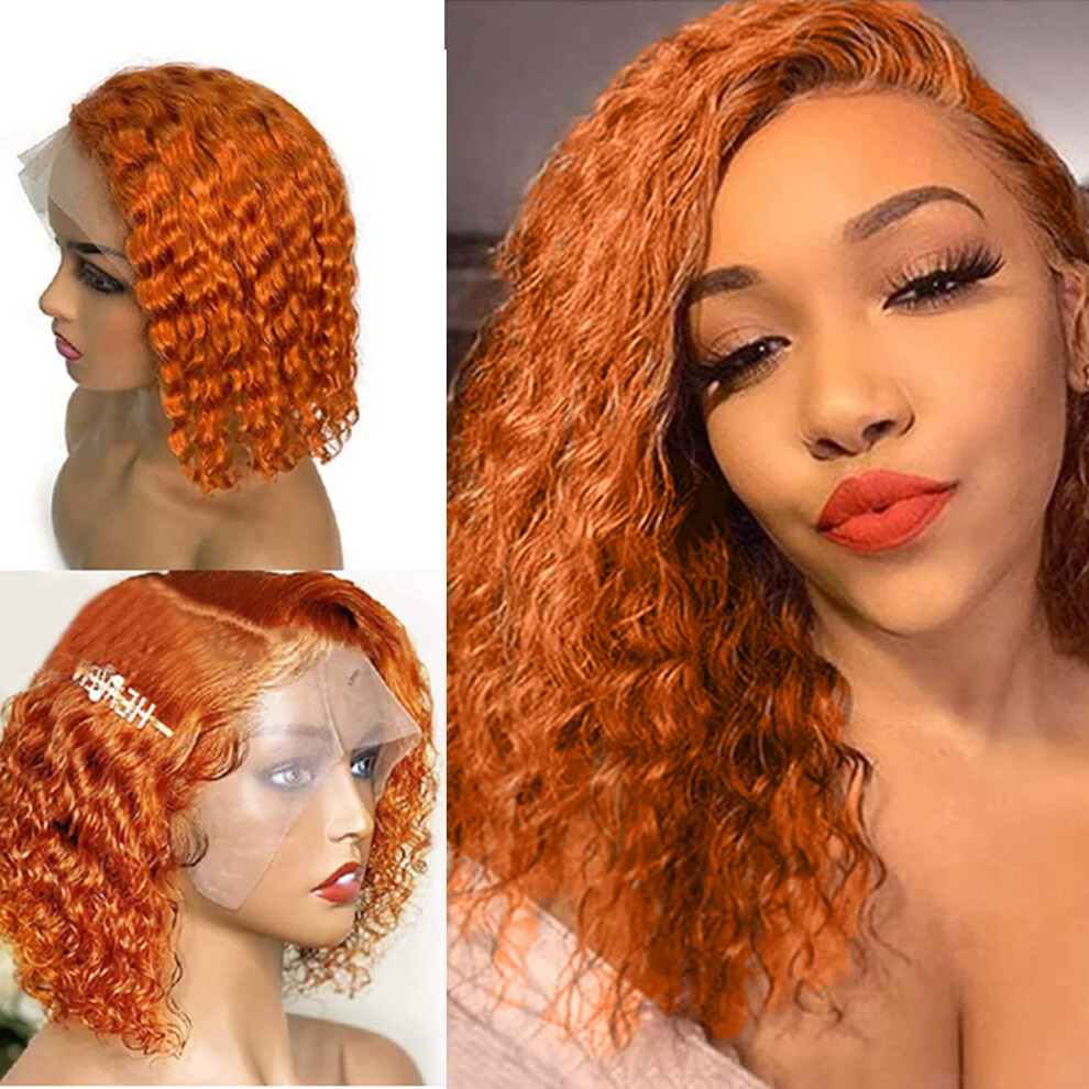 Unisex Orange Human Hair Lace Front Wig Brazilian Remy Deep Wave 13X4 Glueless Side Part Curly