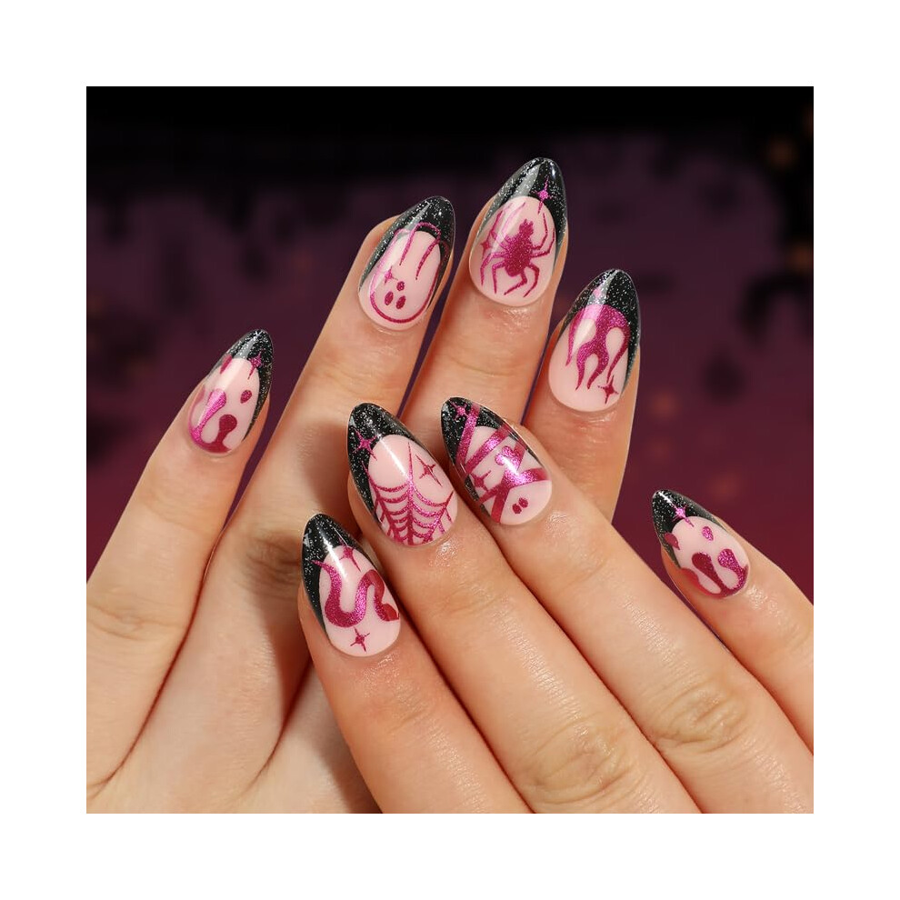 Black,Purple Halloween Press On Nails Almond French Tips Black And Purple Fake Nails With Designs 24Pcs