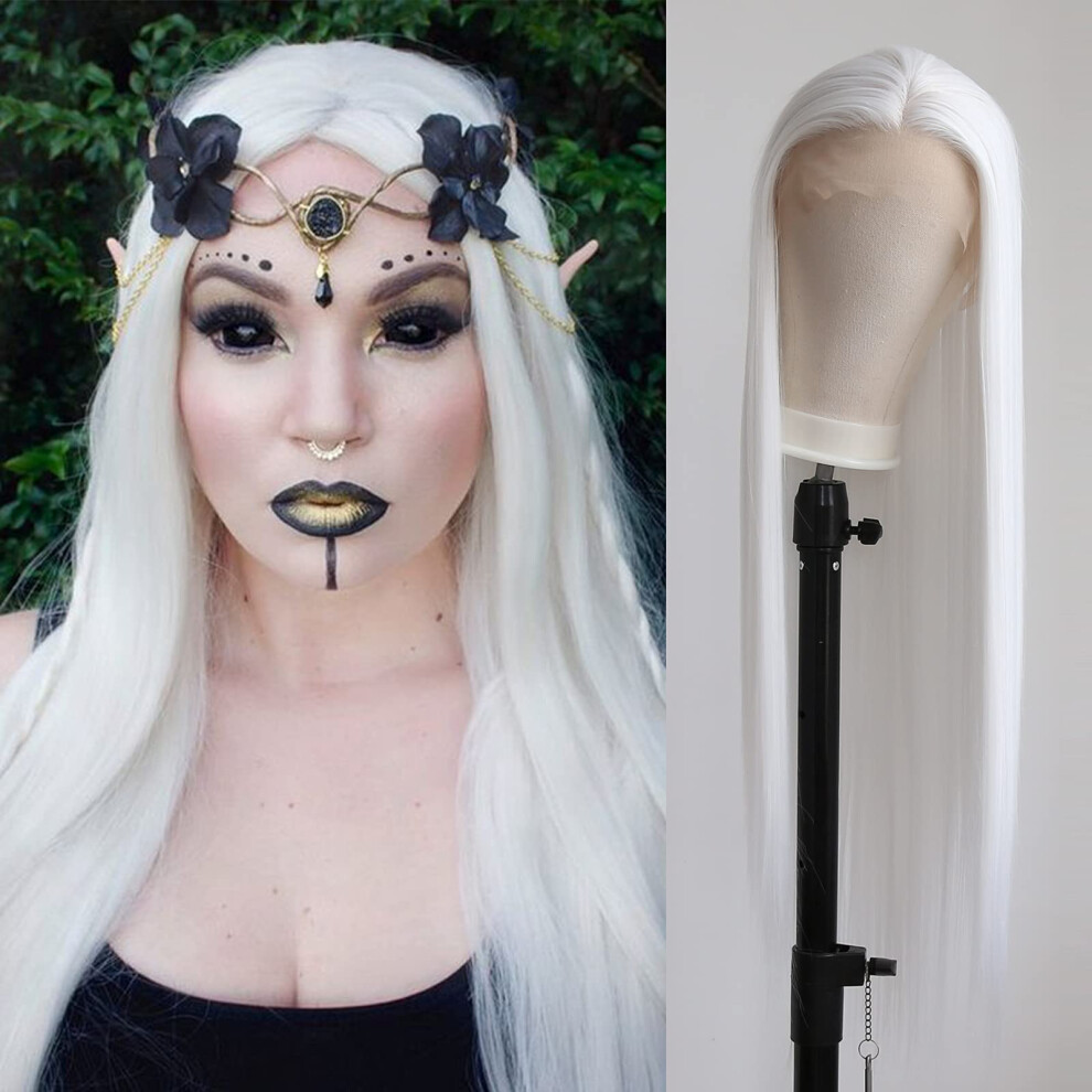 White Straight Synthetic Lace Front Wig 13x4x1 T Part Heat Resistant Long Natural Hairline Cosplay