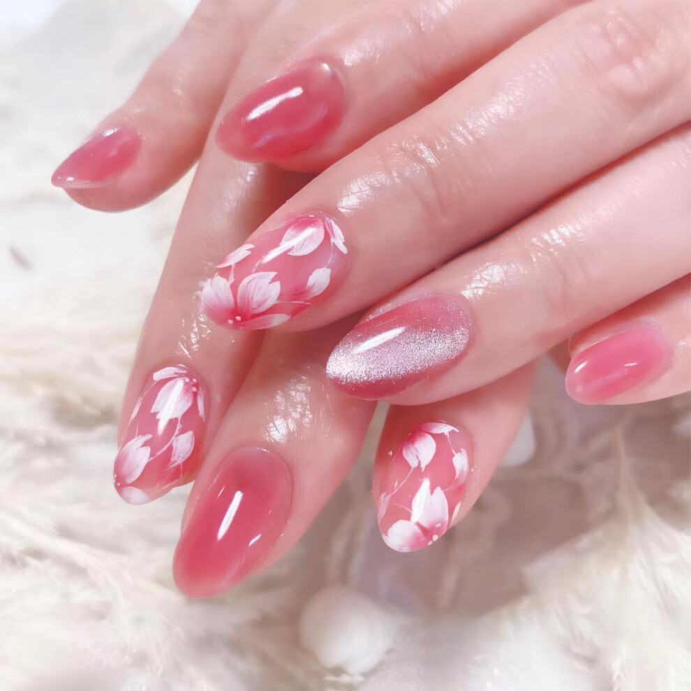 Cherry Blossoms Oval Press On Nails Set with Glitter Floral Design, 24 Pcs Reusable Fake Nails