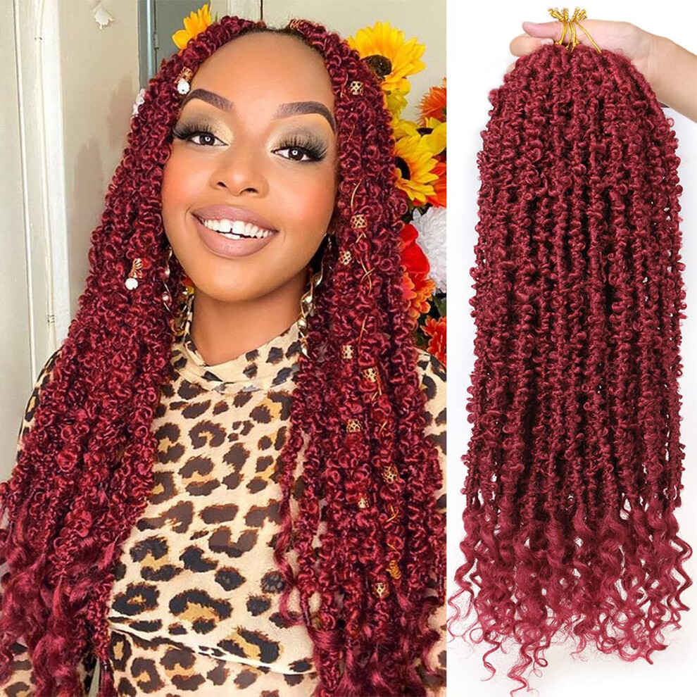 Unisex Red 24 Inch Burgundy Butterfly Locs Crochet Hair With Curly Ends, Pretwisted Prelooped Soft Locs For Women