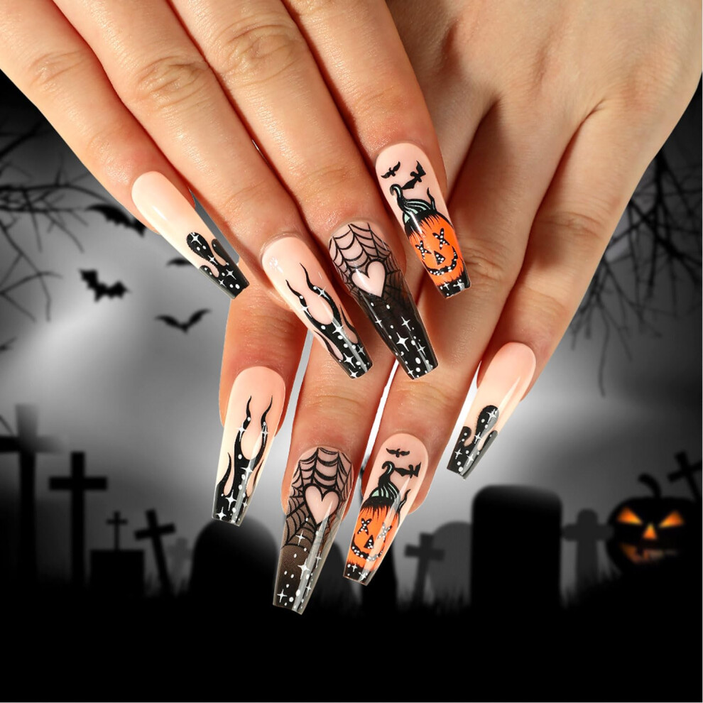 Black Press On Nails Long Coffin Flame Halloween Fake Nails Glossy Full Cover 24Pcs For Women