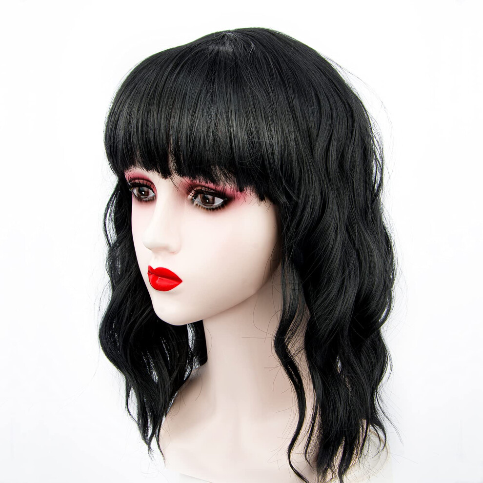 Unisex Black 14 Inch Bob Wig With Bangs, Short Curly Synthetic Wavy Wig For Women, Natural Hairline Blend