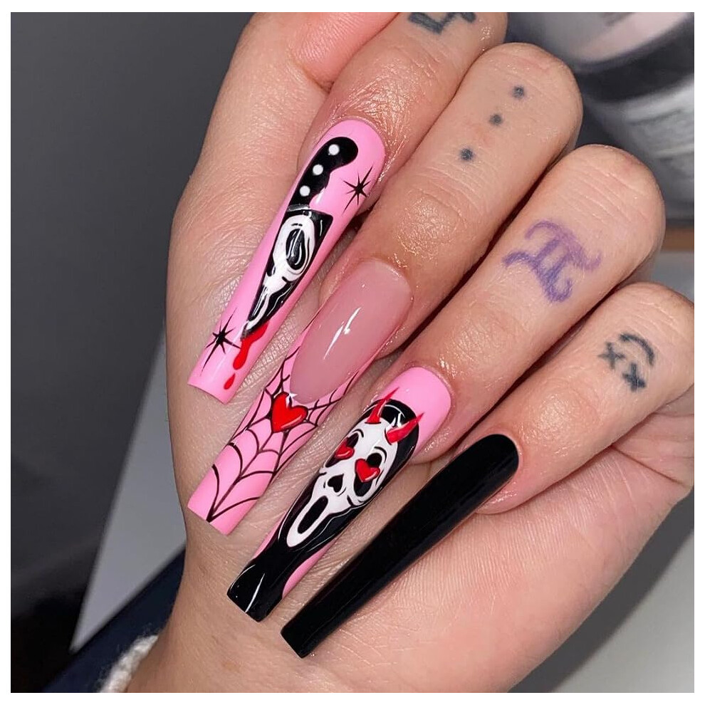 Black Halloween Press On Nails Long Coffin Gothic Spider Web Fake Nails Full Cover Acrylic Glueon