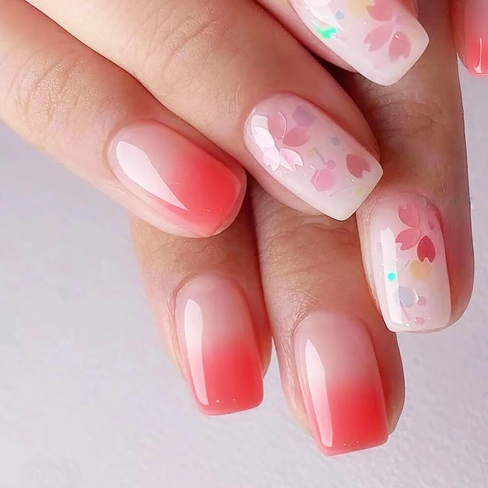Red Square French Press On Nails Gradient Acrylic False Nails Kit With Jelly Glue 24Pcs