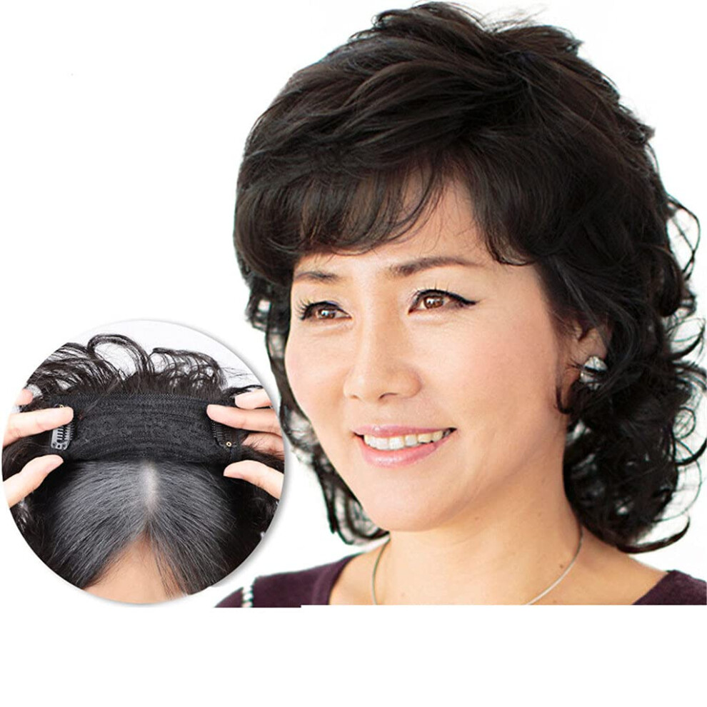 Unisex Black Curly Human Hair Topper For Thinning Hair With Secure Clips, Natural Crown Hairpiece 10