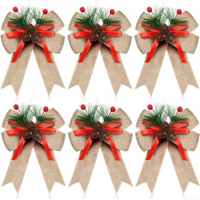 Set of 6 Christmas Tree Bows with Pine Cones for Wreath, Gift Wrapping and Craft Decor Yellow Linen