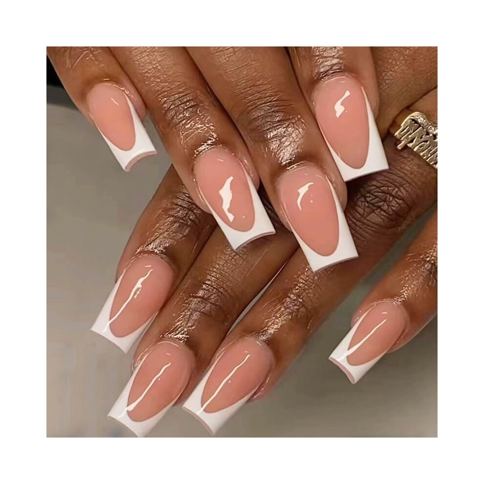 Cream 24Pcs Medium Coffin Press On Nails Natural Glossy Nude Acrylic Fake Nails For Salonstyle Manicure