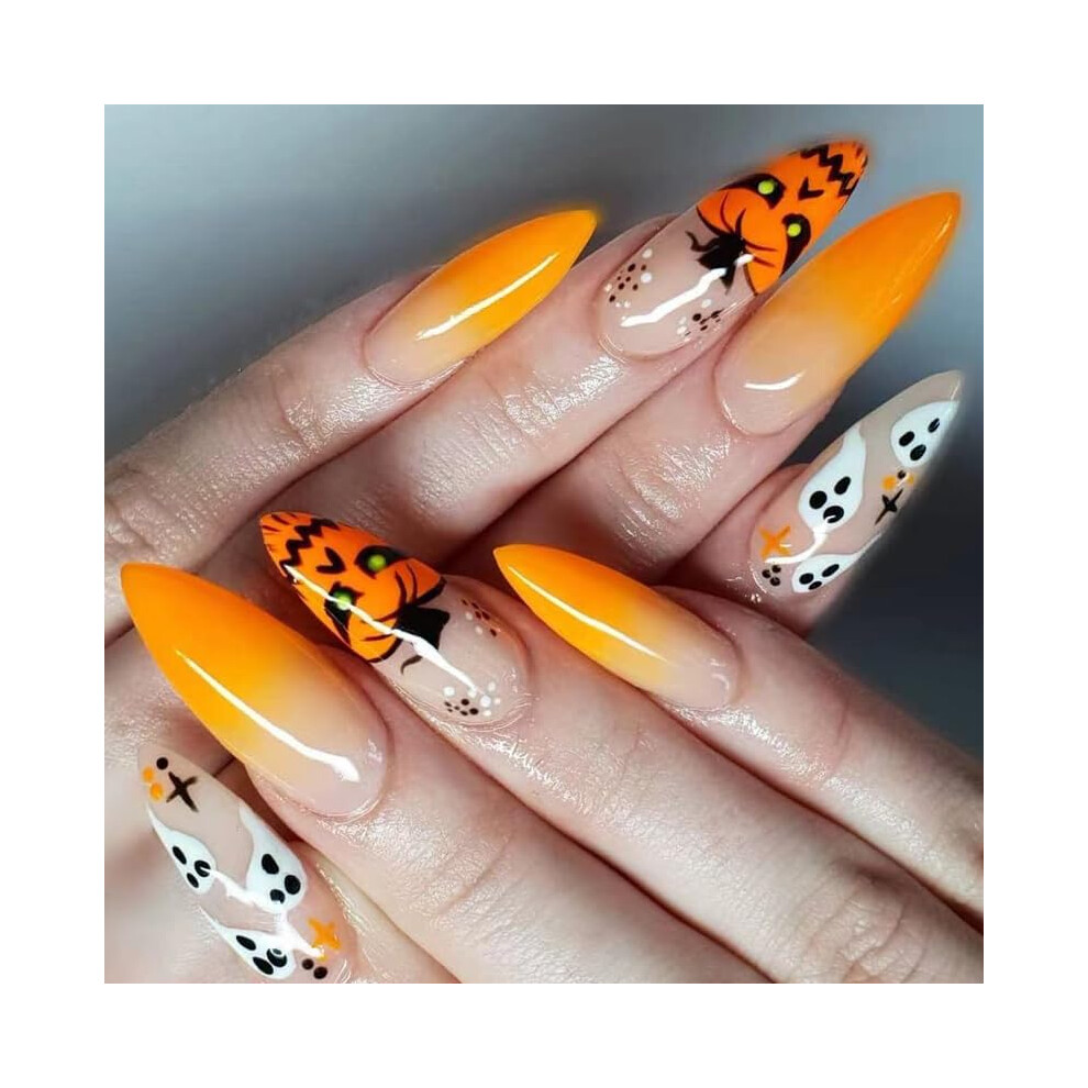 Orange Halloween Almond Press On Nails Fake Nails With Designs Reusable Acrylic Nail Set 24Pcs