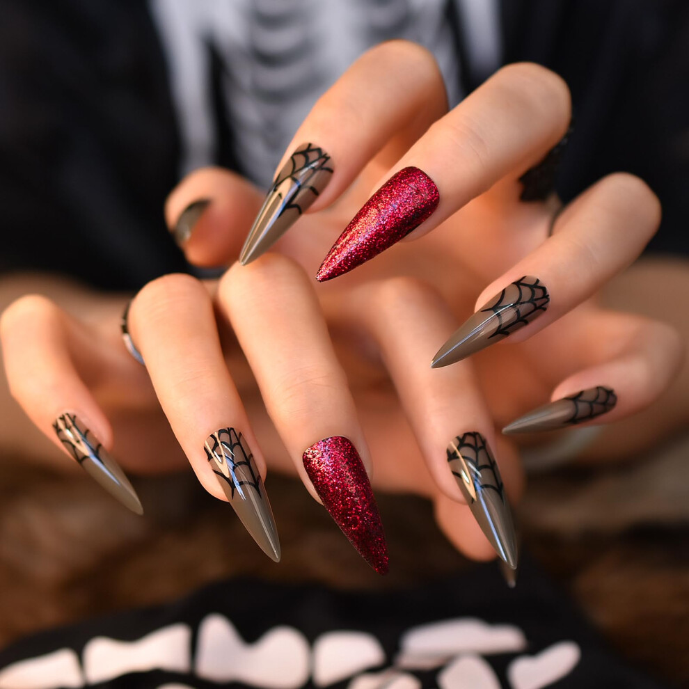 Red Halloween Press On Nails Stiletto Super Long Spider Web Glitter Reusable False Nail Tips