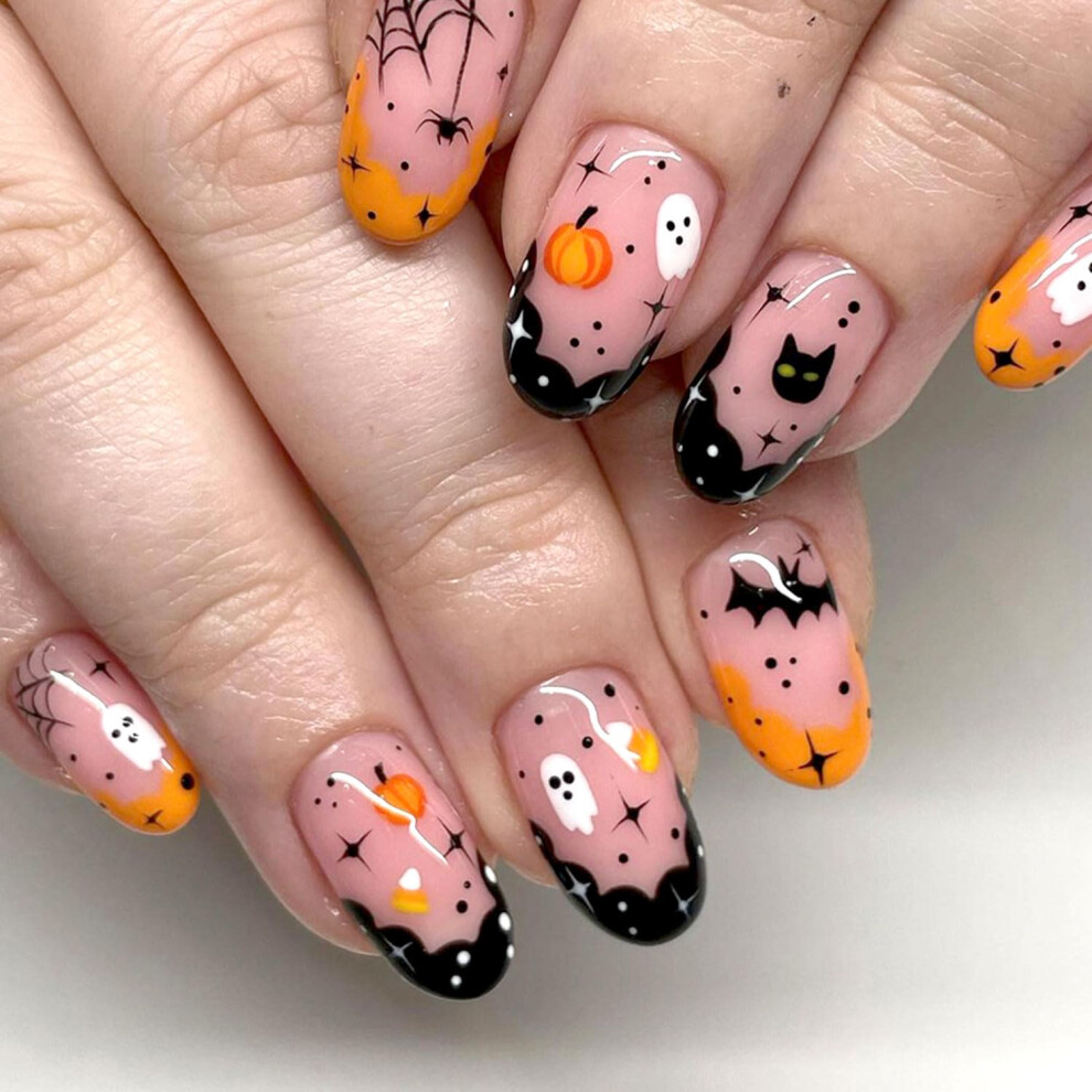 Halloween Coffin Press On Nails 24PCS Short French Tip Pumpkin Bat Ghost Design Reusable Nail Kit
