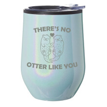 Wijntumbler/koffiemok zonder steel, glas met deksel, cadeau: Er is geen otter zoals jij, otterpaar (blauwe glitter)