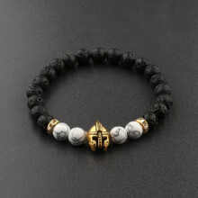 RSAMD Fashion Men Black Lava Stone Gold Silver Spartan Helmet Beaded Charm Bracelets-523-1-H