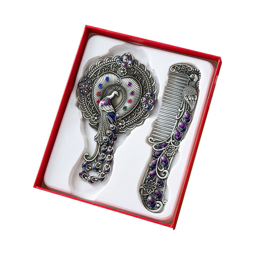 Hand Mirror Hand Mirror Peacock Flower Pattern Decorative Hand Mirror Metal Vanity Mirror Comb Set