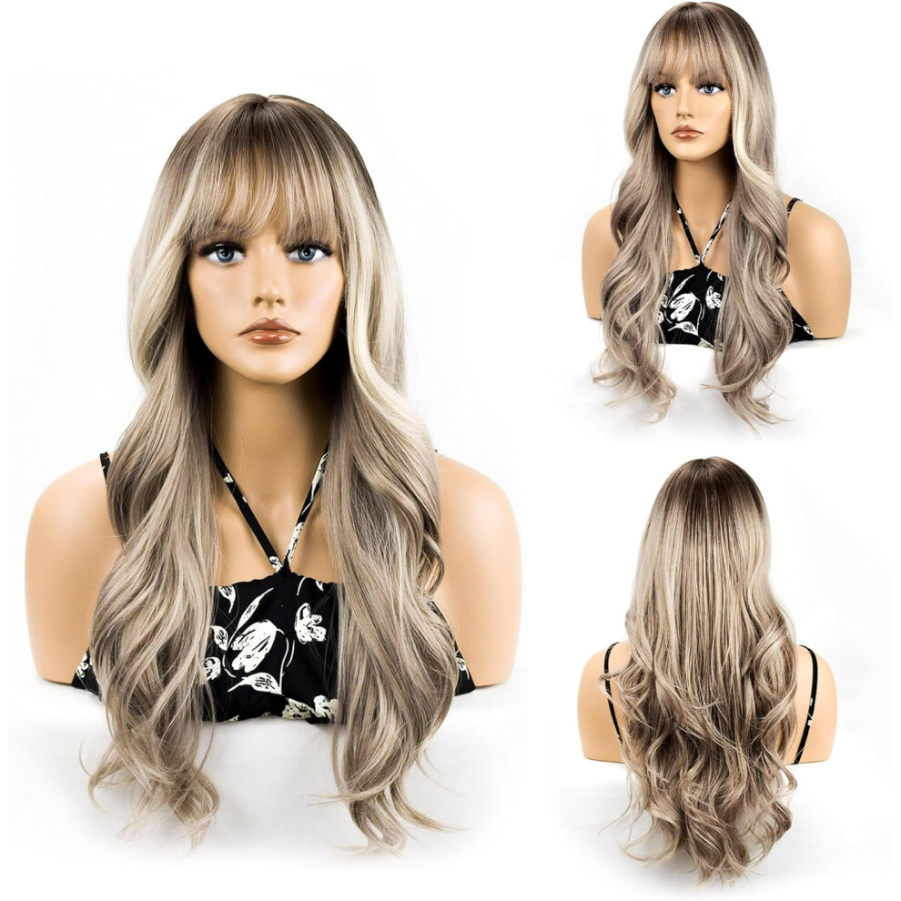 Unisex Pink Long Wavy Blonde Wig For Women Heat Resistant Synthetic Wig With Bangs
