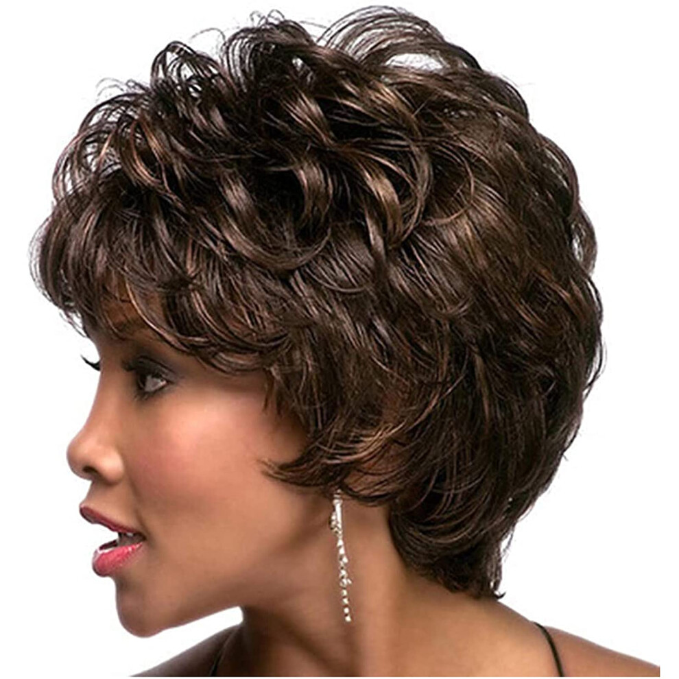 Unisex Black,Brown Short Kinky Curly Synthetic Wig For Women, Heatresistant Natural Volume, Mixed Black Brown