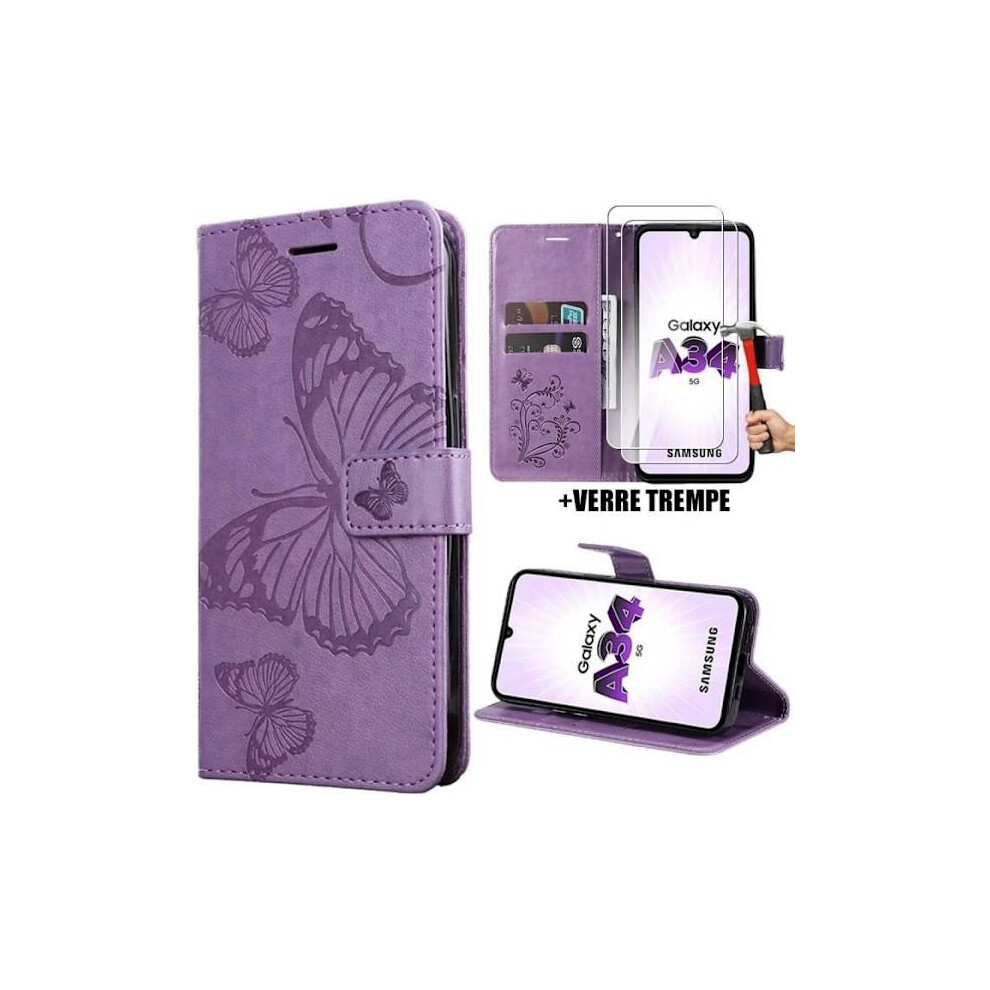 Case For Compatible With Samsung Galaxy A34 5G, Protection With Butterfly Pattern Synthetic Leather + 2 9H Tempered Glasses Purple 9773935024601