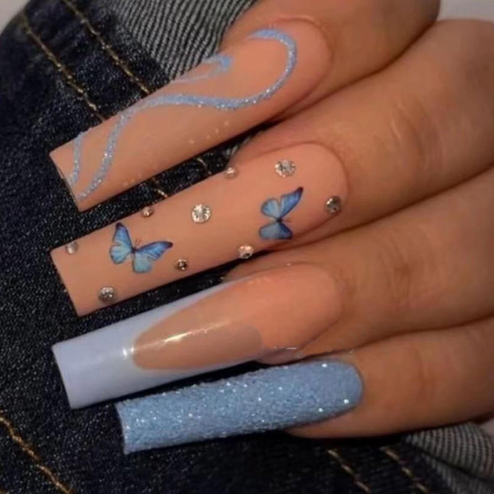 Blue Long Square Press On Nails Butterfly Acrylic French False Nails 24Pcs Reusable Tips