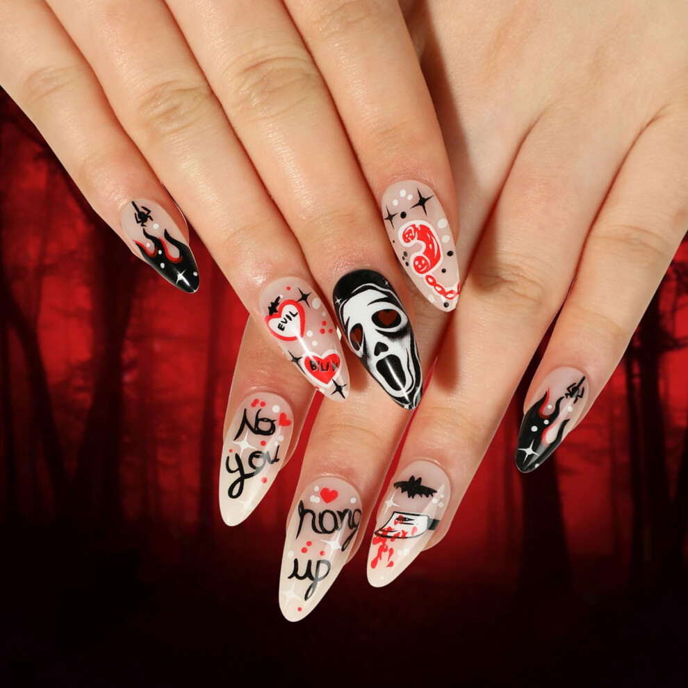 Black 24Pcs Halloween Press On Nails Almond Shape Flame Spider Skull Acrylic False Nail Set