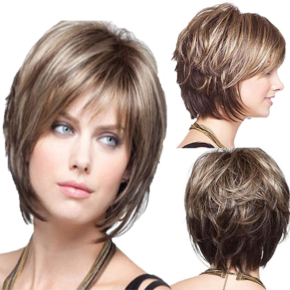 Unisex Short Bob Wig With Bangs Synthetic Pixie Cut For Women Natural Bob Shape 32Cm Straight Wavy