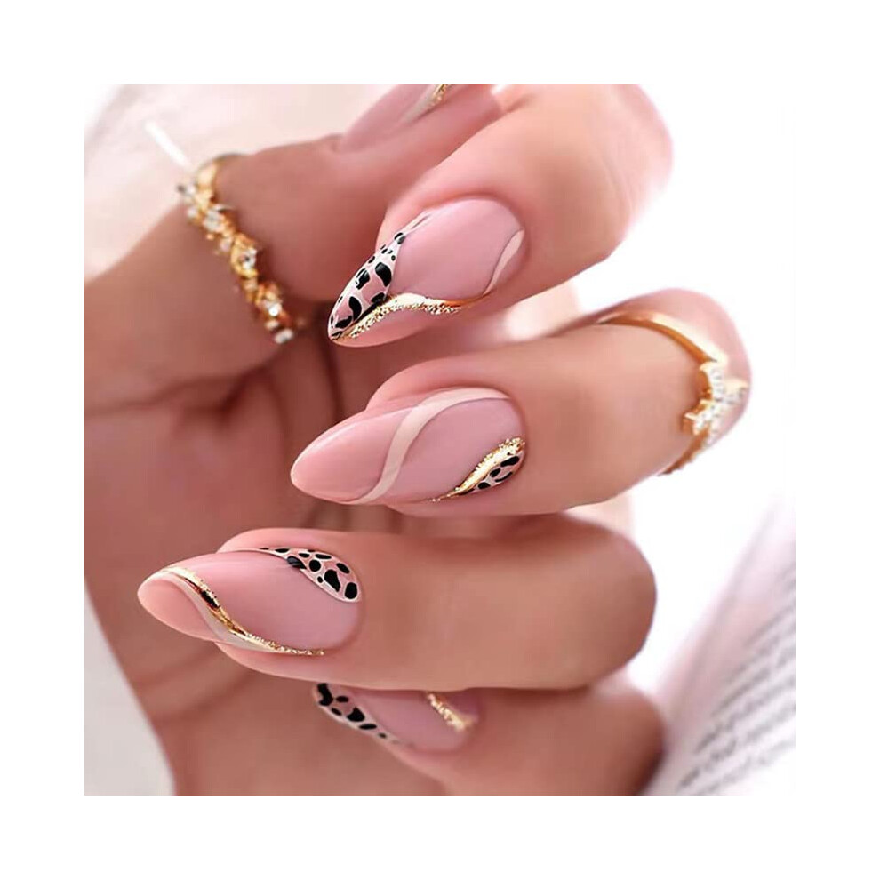 Almond Leopard Print Press on Nails Short Fake Nails Set for Women with Instant Manicure Kit
