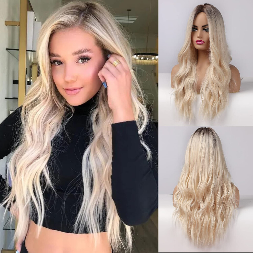 Unisex Black 25 Inch Blonde Curly Wig With Roots, Heat Resistant Glueless Synthetic Hair For Women