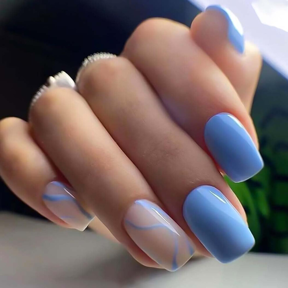 Blue Square Press On Nails With Swirl Design Glossy Reusable Fake Nails Set For Women 24Pcs