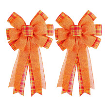 Fall Tree Topper with Orange Plaid Bow, Set of 2 Ribbons for Thanksgiving Autumn Harvest Decor