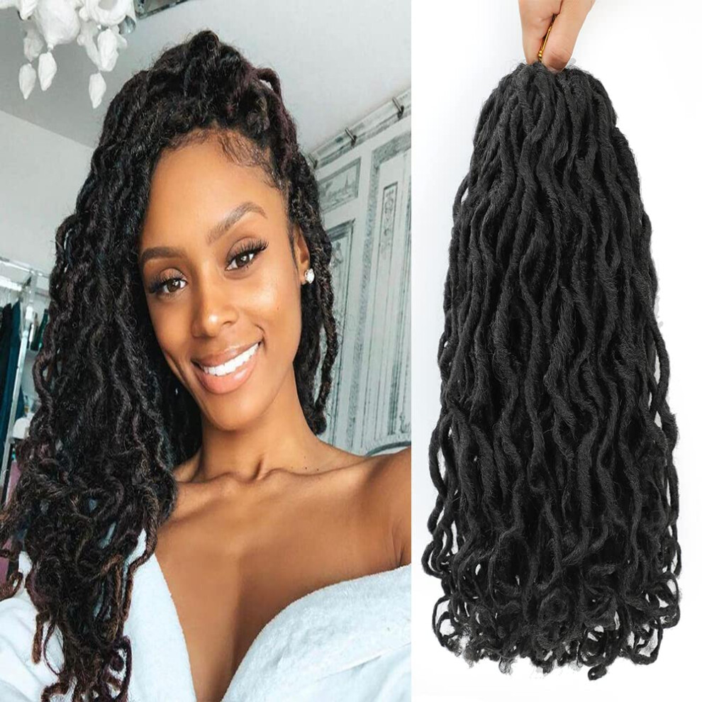 Unisex 6 Packs Goddess Locs Crochet Hair 12 Inch, Prelooped Faux Locs With Curly Ends 1B