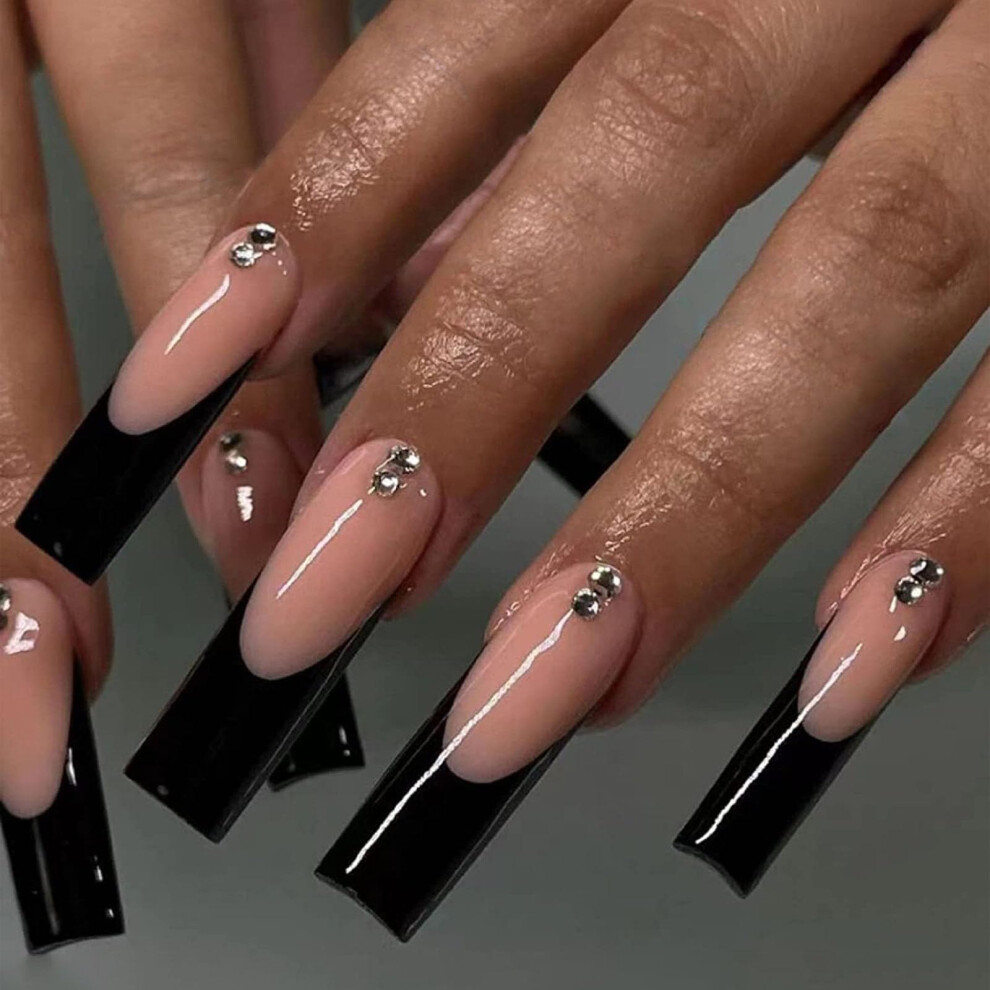 Black French Tip Press On Nails With Rhinestones Long Square Acrylic Fake Nails Tips Reusable