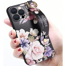 Silikonhülle mit Blumenmuster für iPhone 16 Pro Max, stoßfeste Schutzhülle mit Handschlaufe und verstellbarem Armband, kreatives Blumenmuster