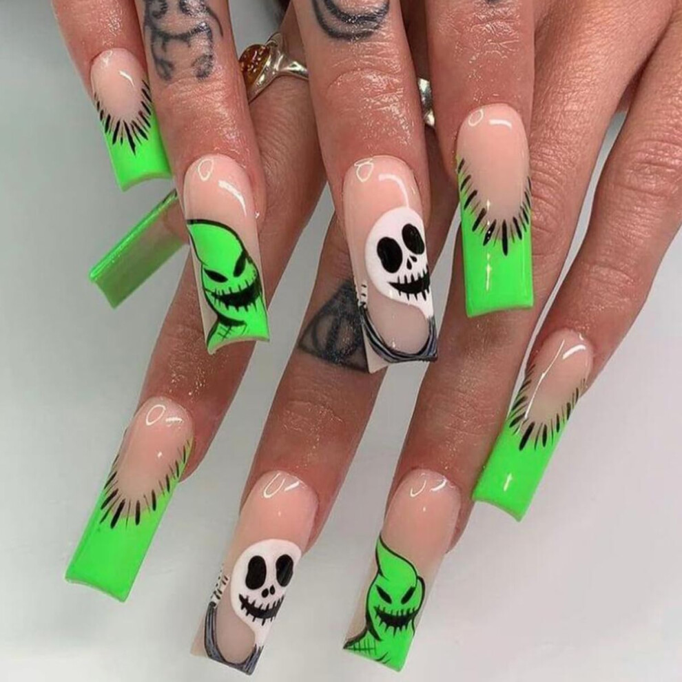 Green Halloween Press On Nails Ghost Skull Long Coffin Fake Nails Set Reusable Acrylic 24Pcs