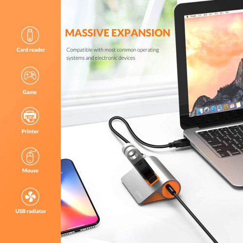 Superhurtig USB-hub til computer, højhastigheds dataoverførsel i aluminium med 4 10 Gbps porte og strømadapter til Windows Mac Linux, slank 2