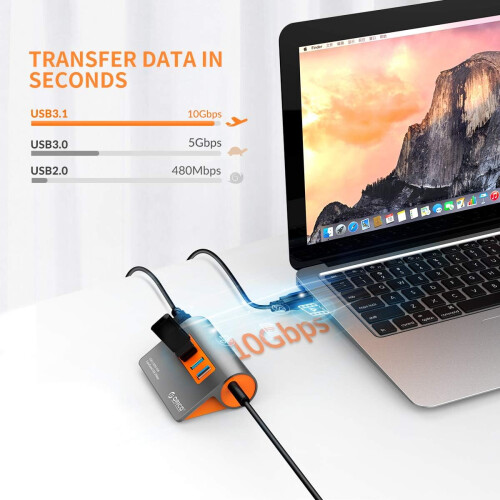 Superhurtig USB-hub til computer, højhastigheds dataoverførsel i aluminium med 4 10 Gbps porte og strømadapter til Windows Mac Linux, slank 1