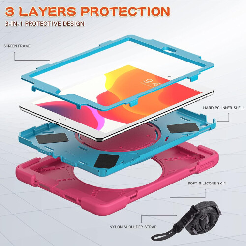 Capa híbrida de silicone à prova de choque para iPad de 10,2 polegadas (9ª/8ª/7ª geração), rosa-azulada, suporte giratório 360, proteção 2