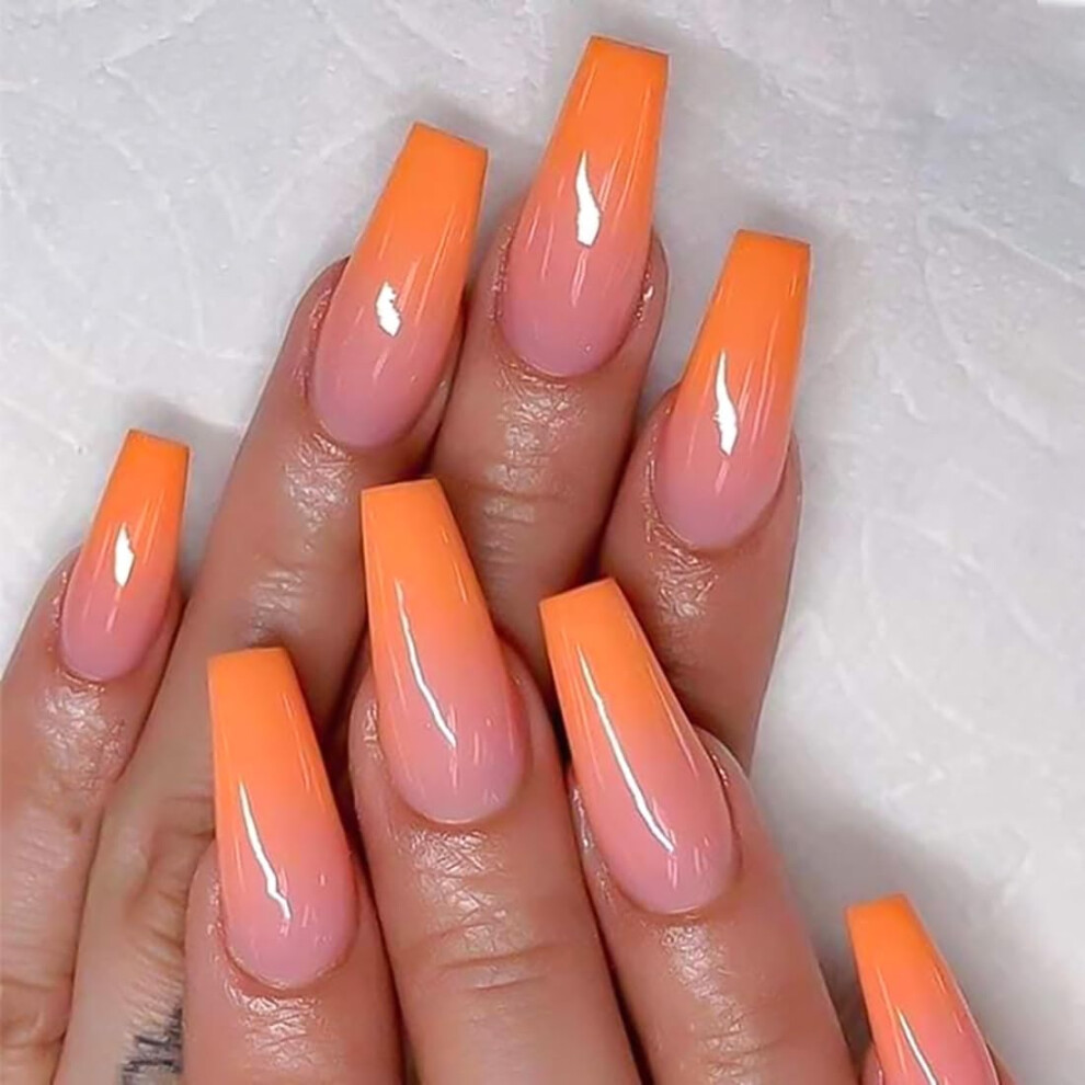 Orange Glossy French Coffin Press On Nails Ombre Acrylic Fake Nails Reusable 24Pcs Set