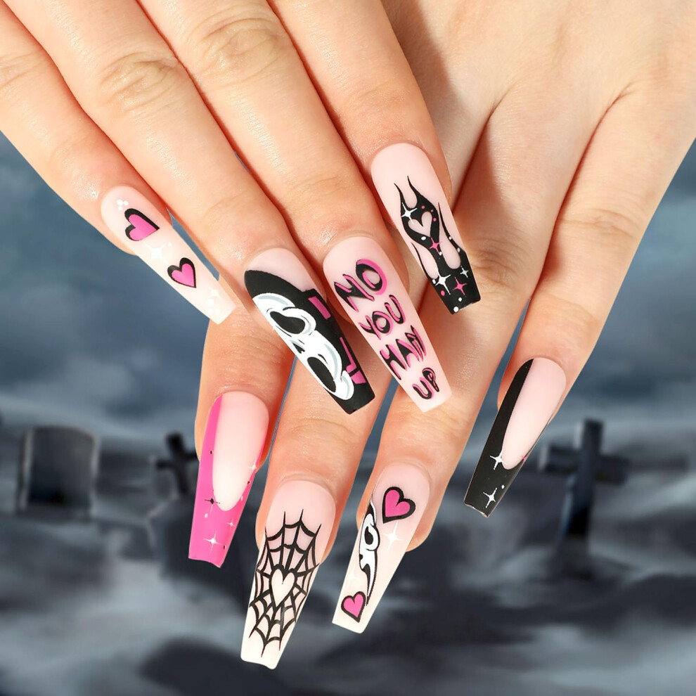 Pink,Black Halloween Press On Nails Long Coffin Black Pink Spider Web Spooky Heart Flame Fake Acrylic Nails Kit