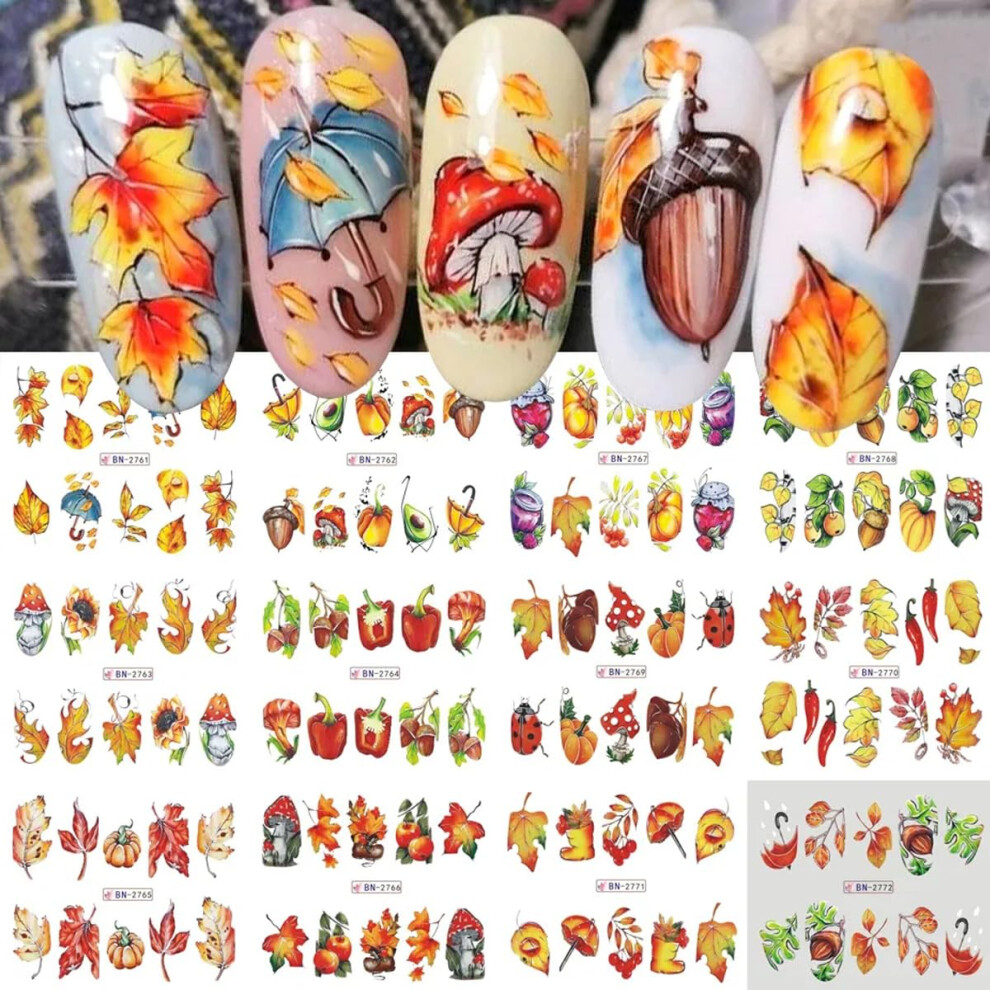 Autumn Nail Art Stickers 12 Sheets Water Transfer Maple Leaf Pumpkin Designs for Thanksgiving Nails