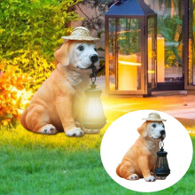 Schattig hondenbeeldje van hars met hoedje en ledverlichting op zonne-energie, buitenverlichting op zonne-energie voor tuin, terras of veranda -