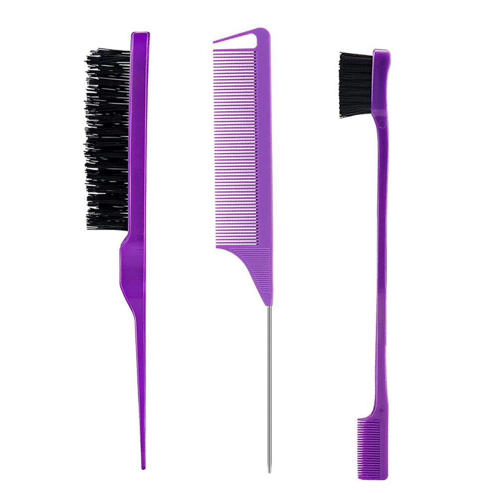 Unisex Purple 3 Piece Edge Control Brush And Hair Styling Comb Set For Smooth Edges And Precision Sectioning