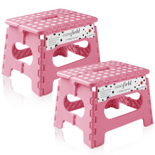 Casafield 9" Folding Step Stool with Handle (Set of 2) - Pink, Collapsible Foot Stool for Kids and Adults